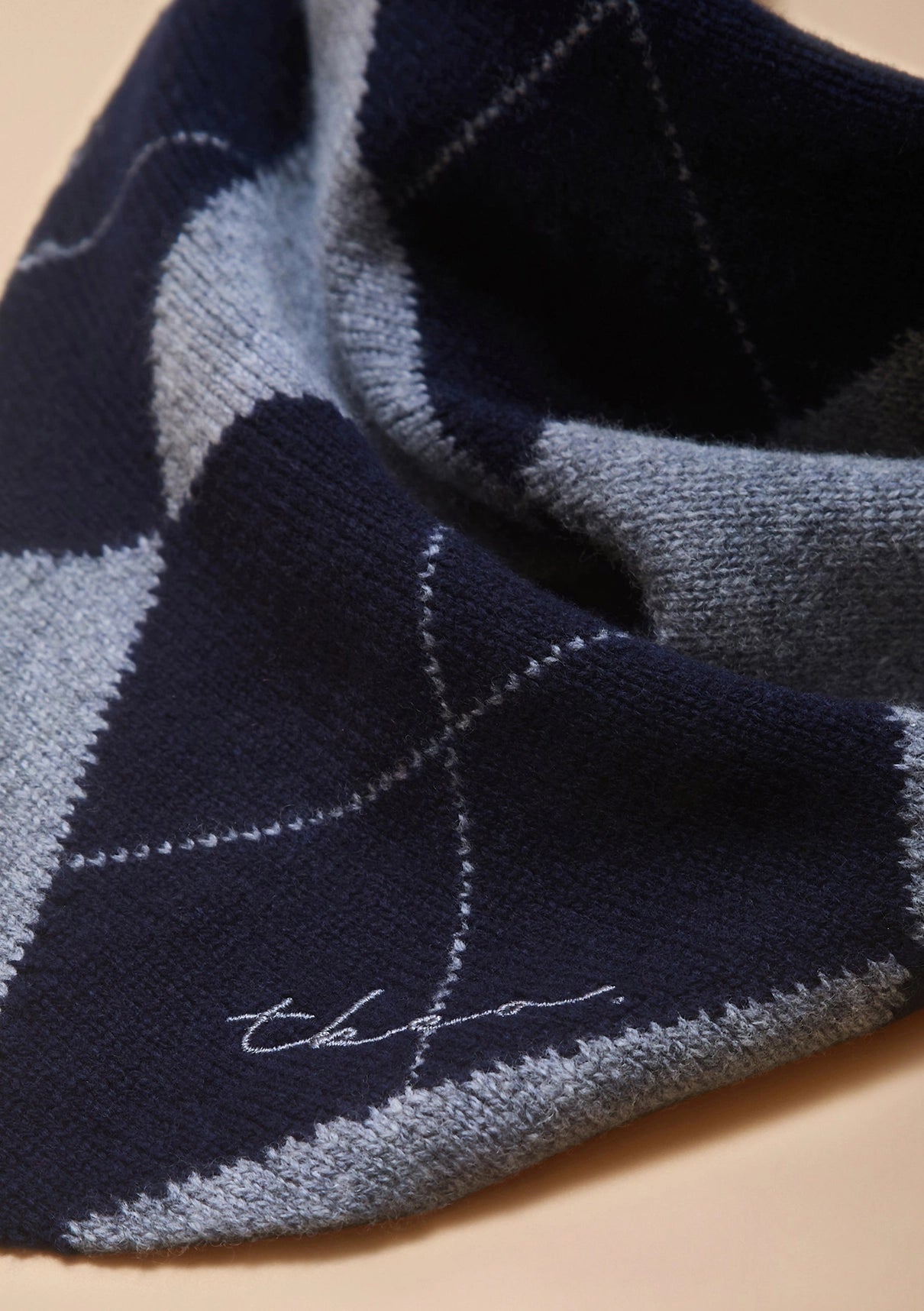 Merino Wool Triangle Scarf in Navy Argyle