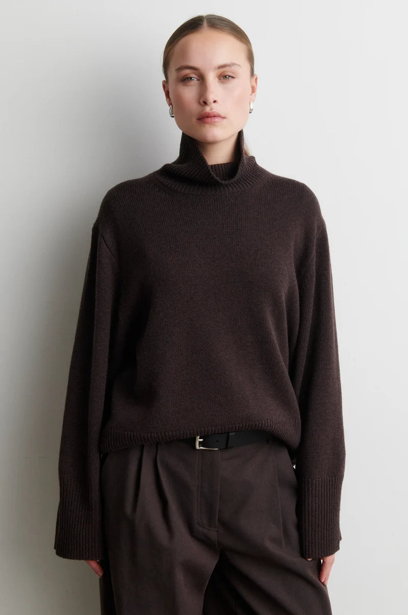 Alpha Knit T-Neck Brown Melange