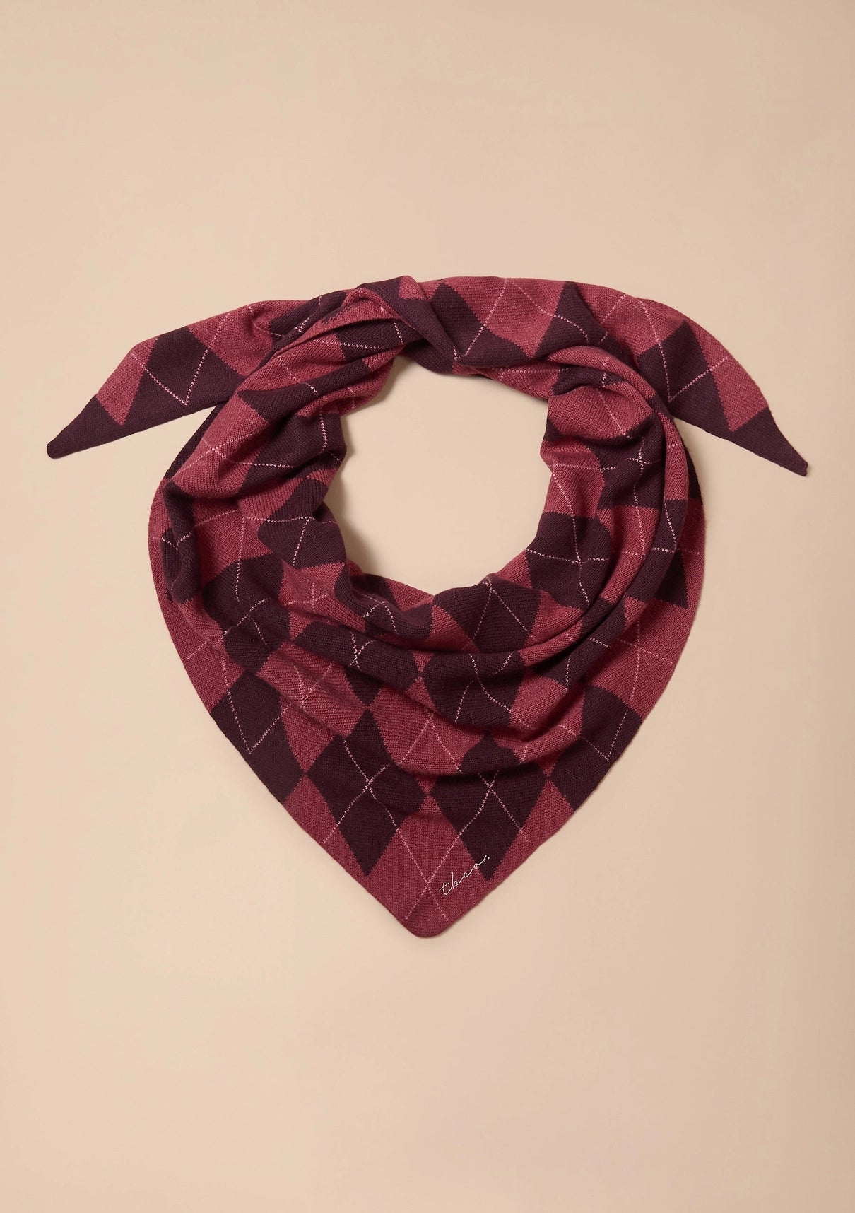 Large Merino Wool Triangle Scarf in Berry Argyle