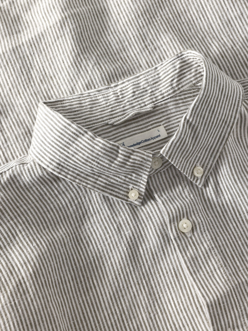 Knowledge Cotton Linen Olive Stripe LS Shirt