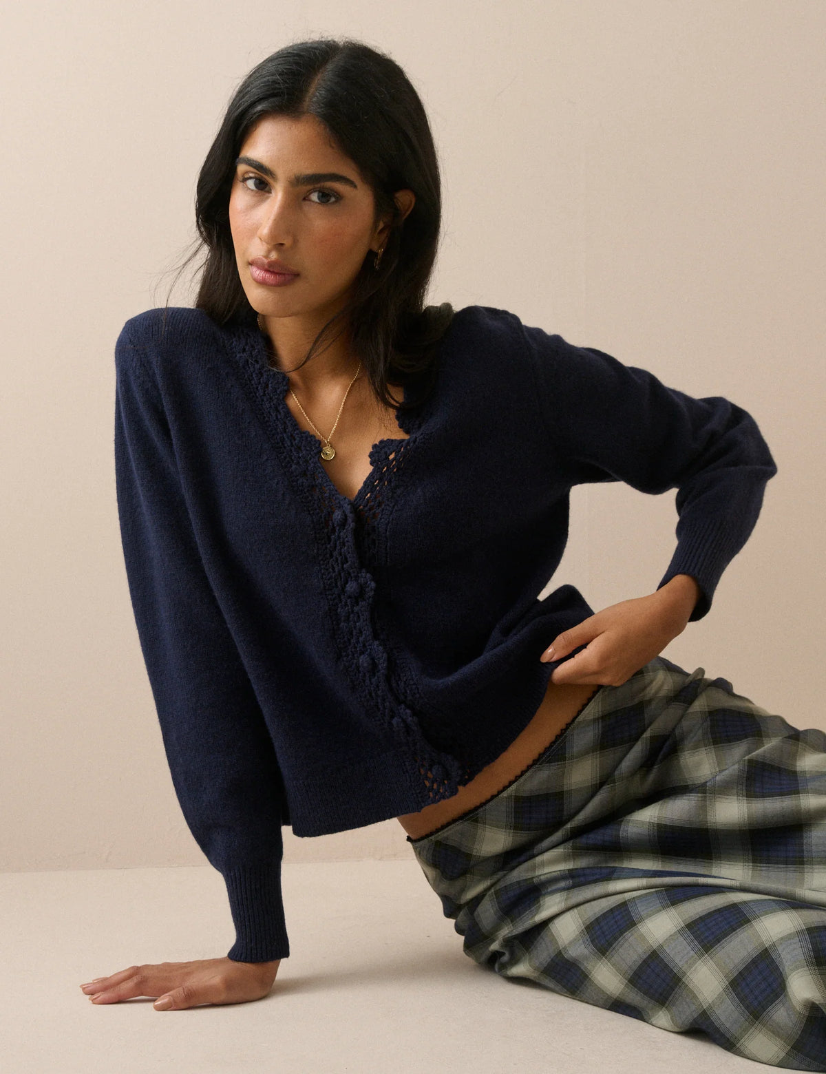 Navy Crochet Trim Wool Blend Elodie Cardigan