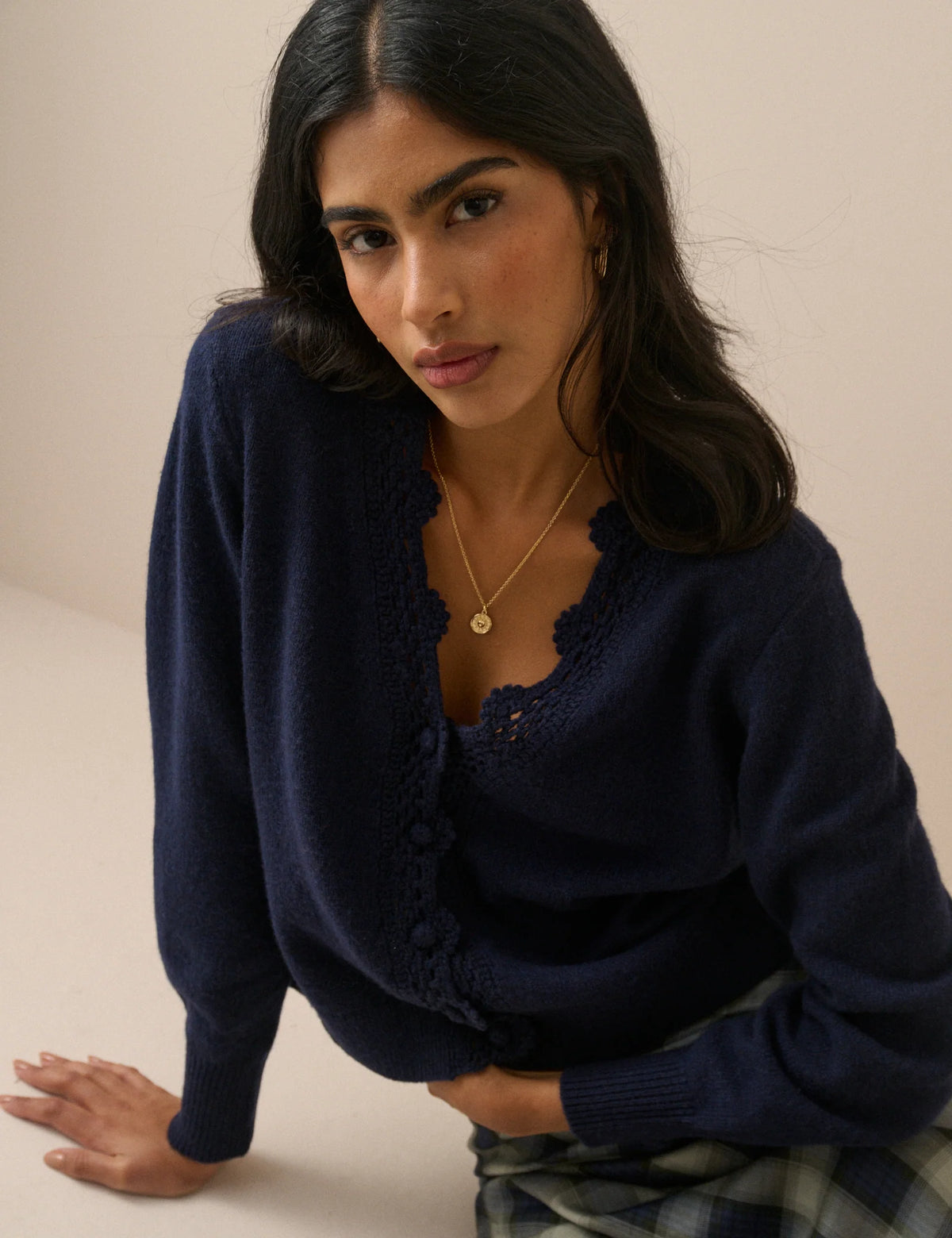 Navy Crochet Trim Wool Blend Elodie Cardigan