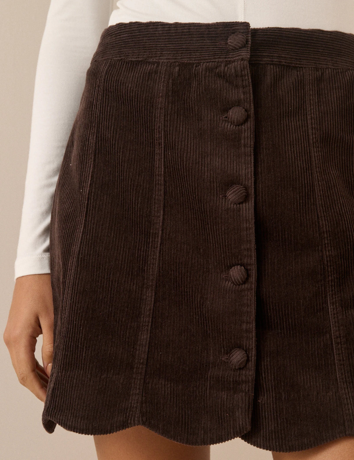 Brown Chelsea Cord Scallop Trim Mini Skirt