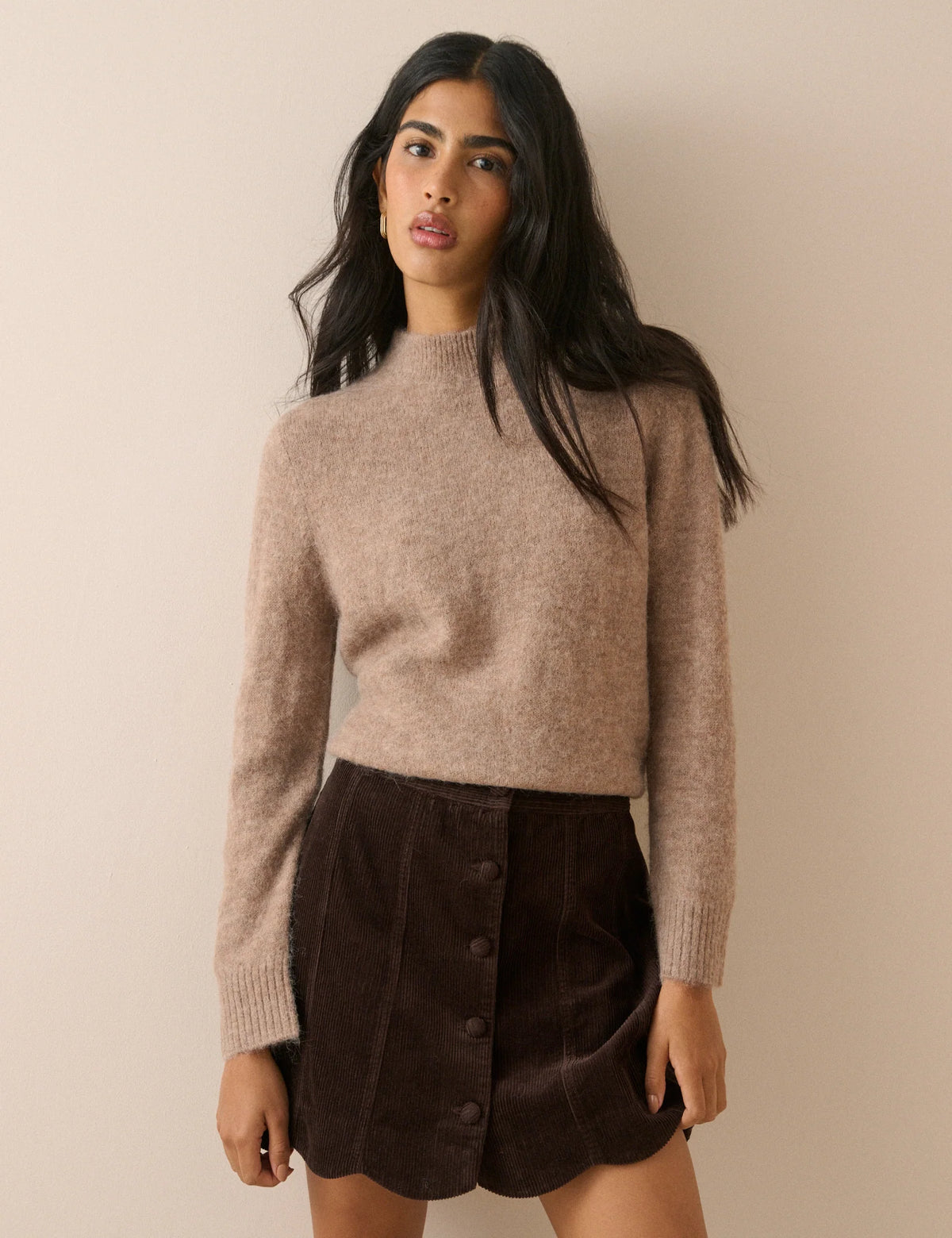 Brown Chelsea Cord Scallop Trim Mini Skirt