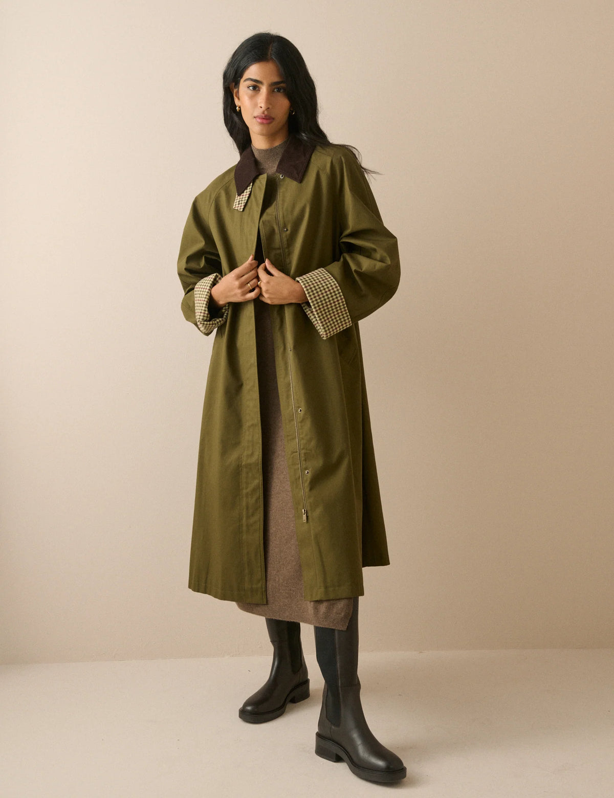 Khaki Cord Detail Long Oversized Barn Coat