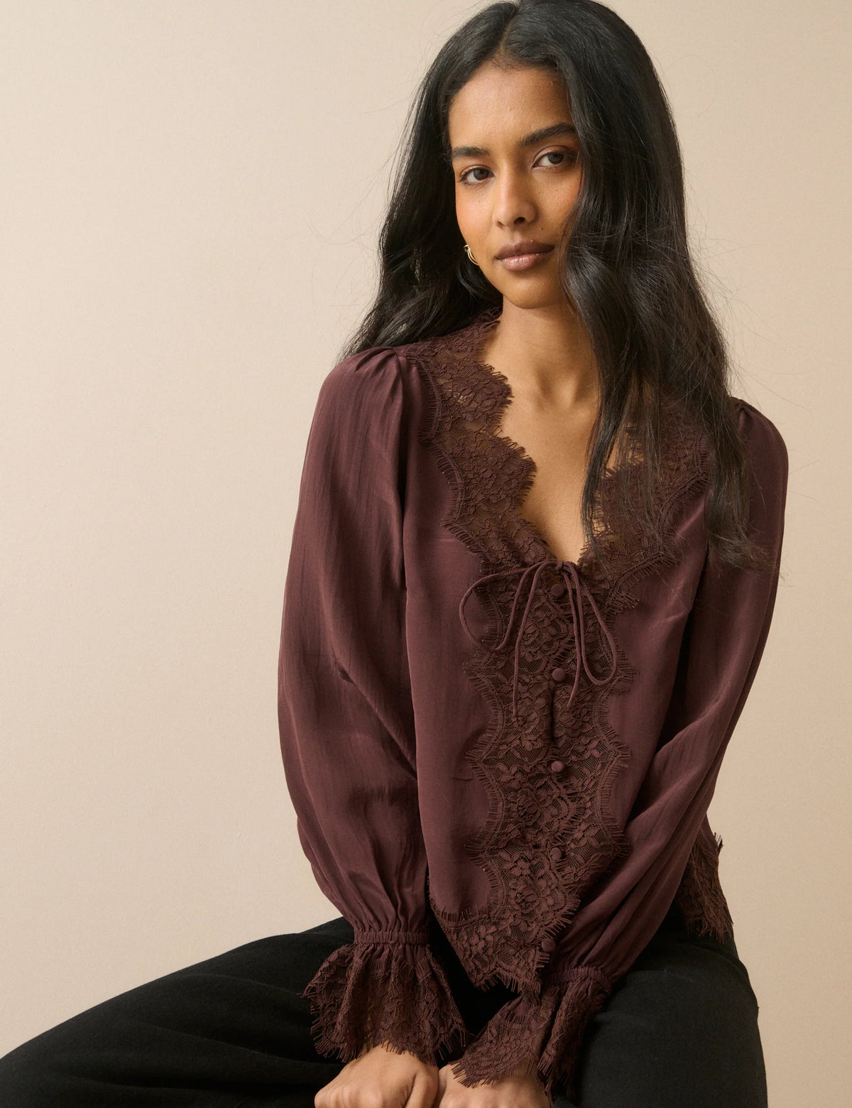 Chocolate Brown Satin Lace Trim Wilde Blouse