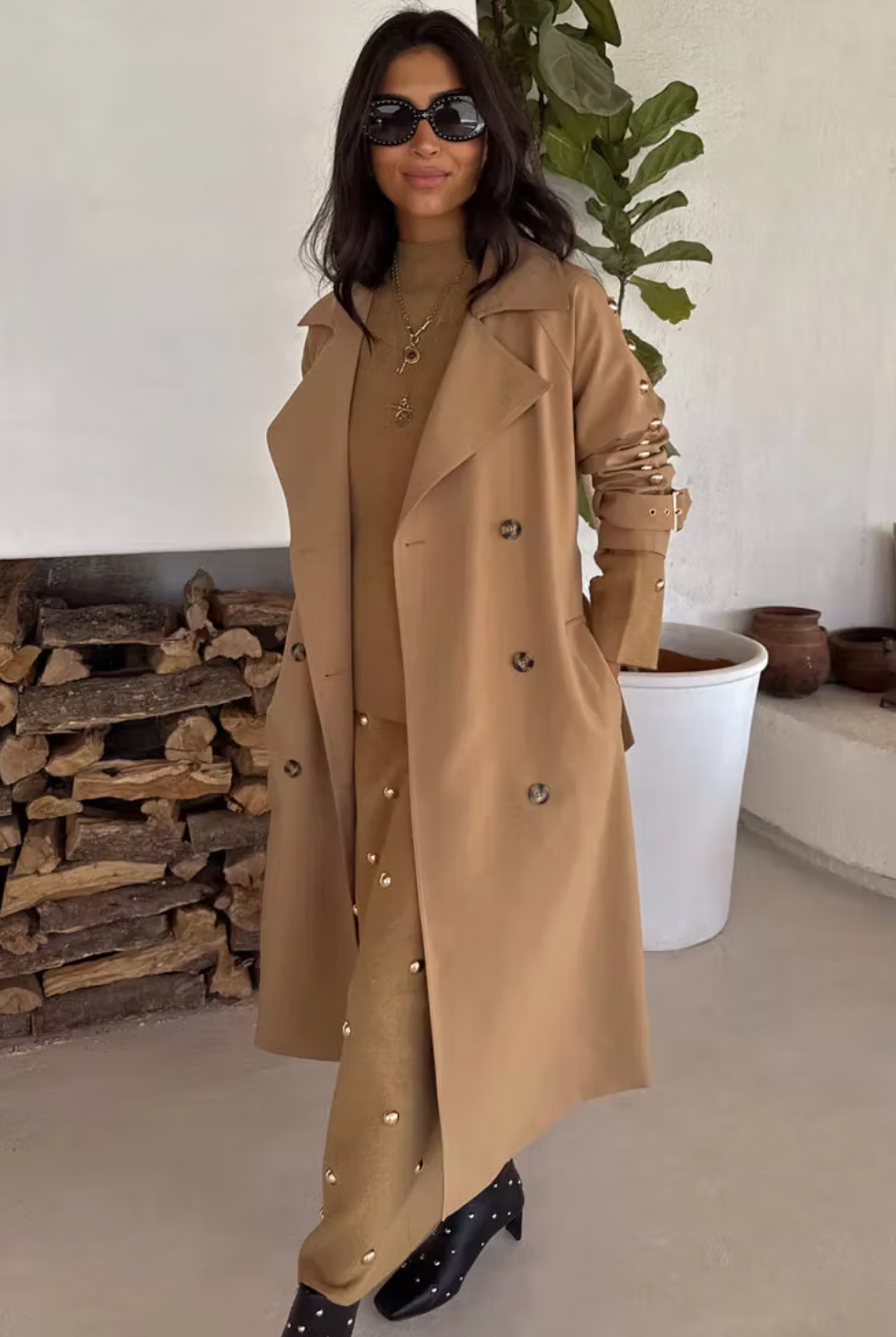 NFD Tan Trench Coat With Gold Studs