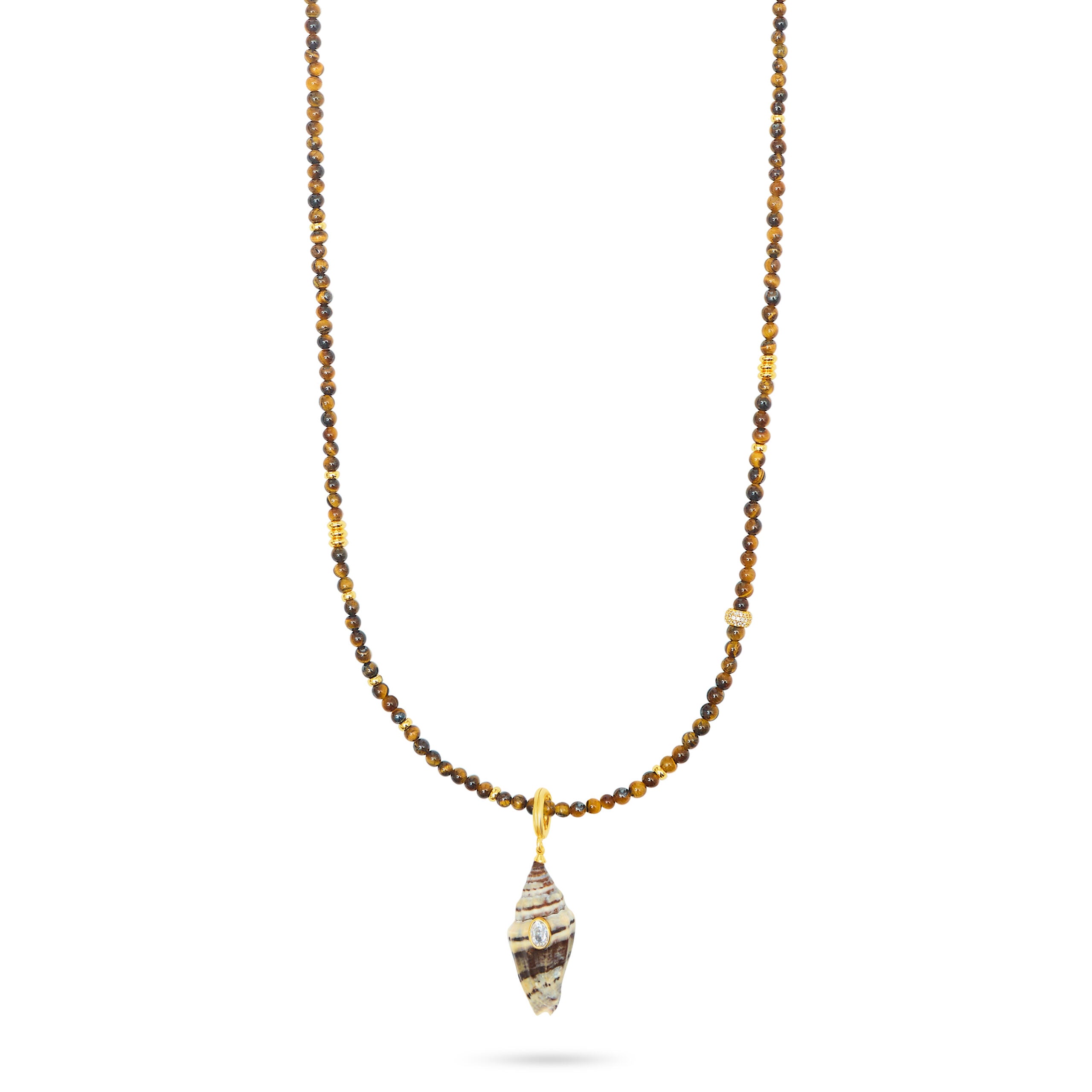 Shell Pendant On Tiger’s Eye Beads Necklace- LONG