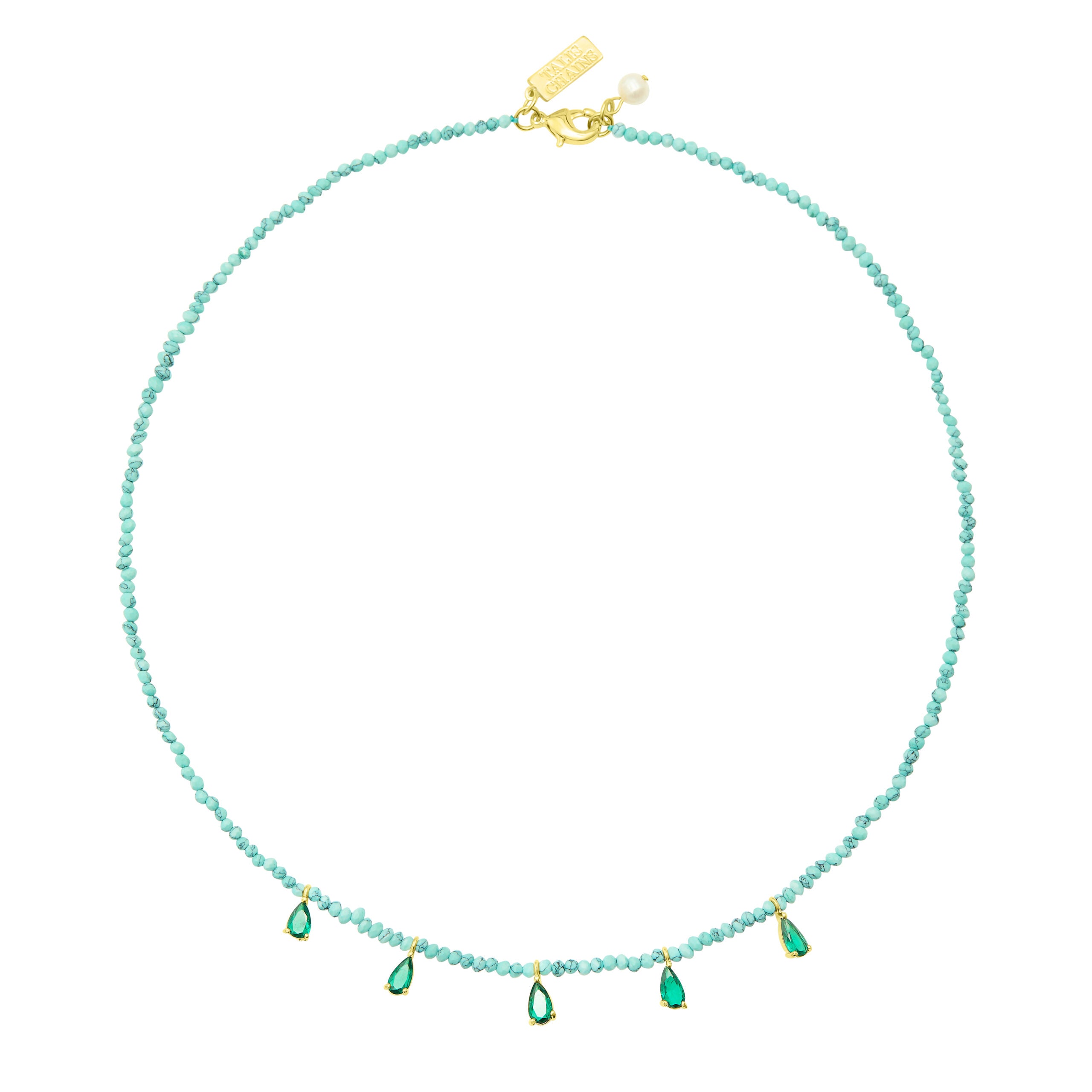 Beaded Necklace With CZ Drops- Turquoise/ Emerald