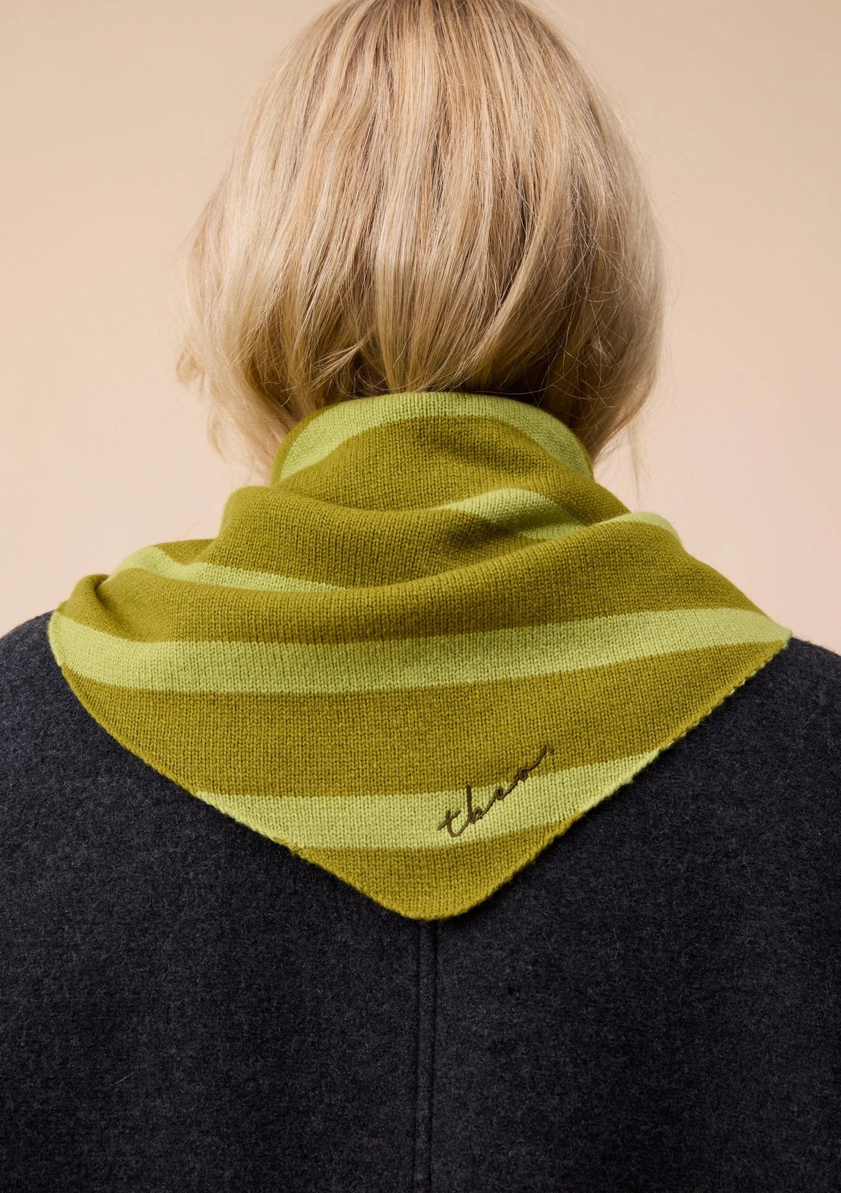 Merino Wool Triangle Scarf in Green Stripe