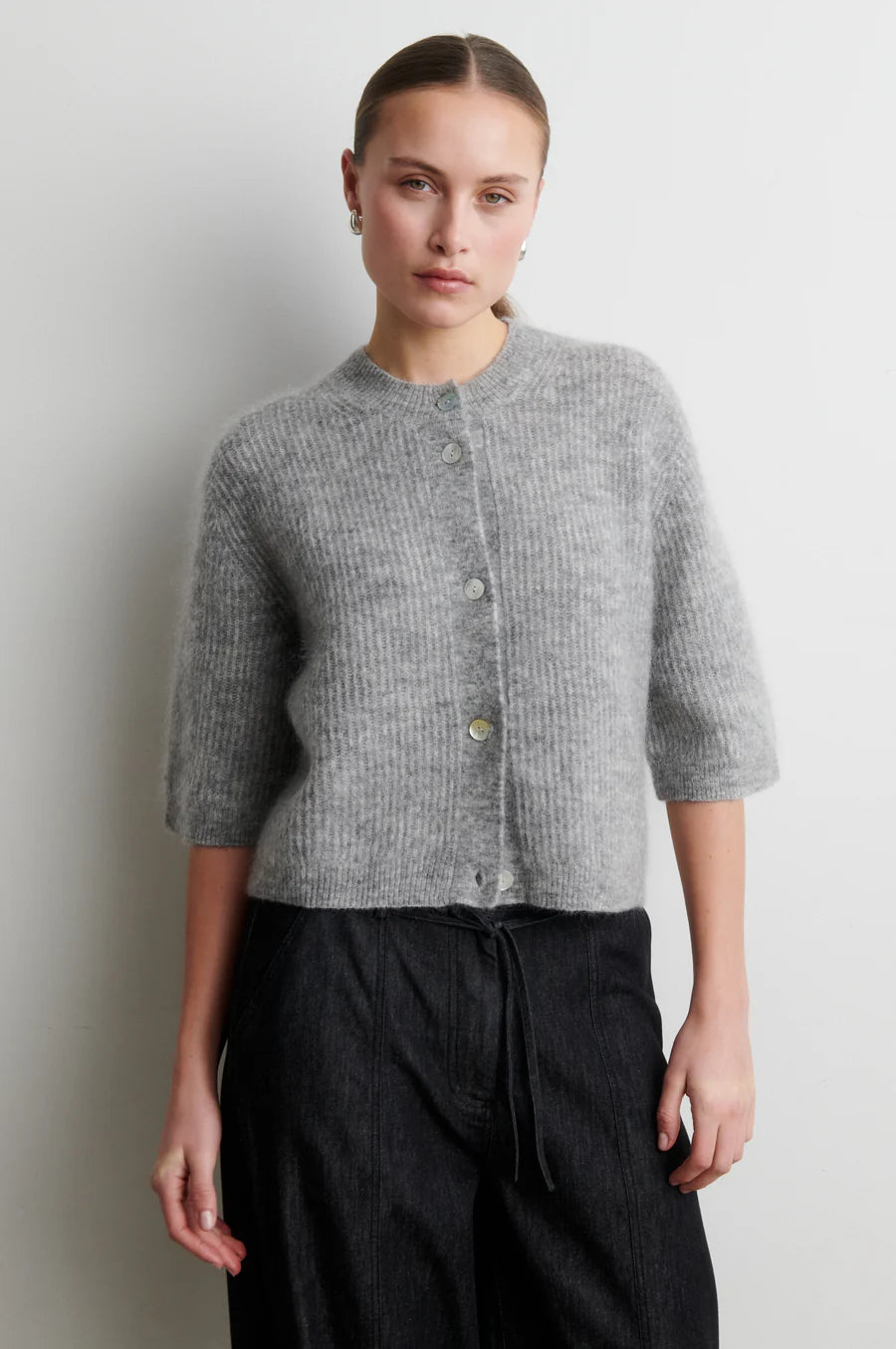Andrea Knit Rib Cardigan Grey Melange