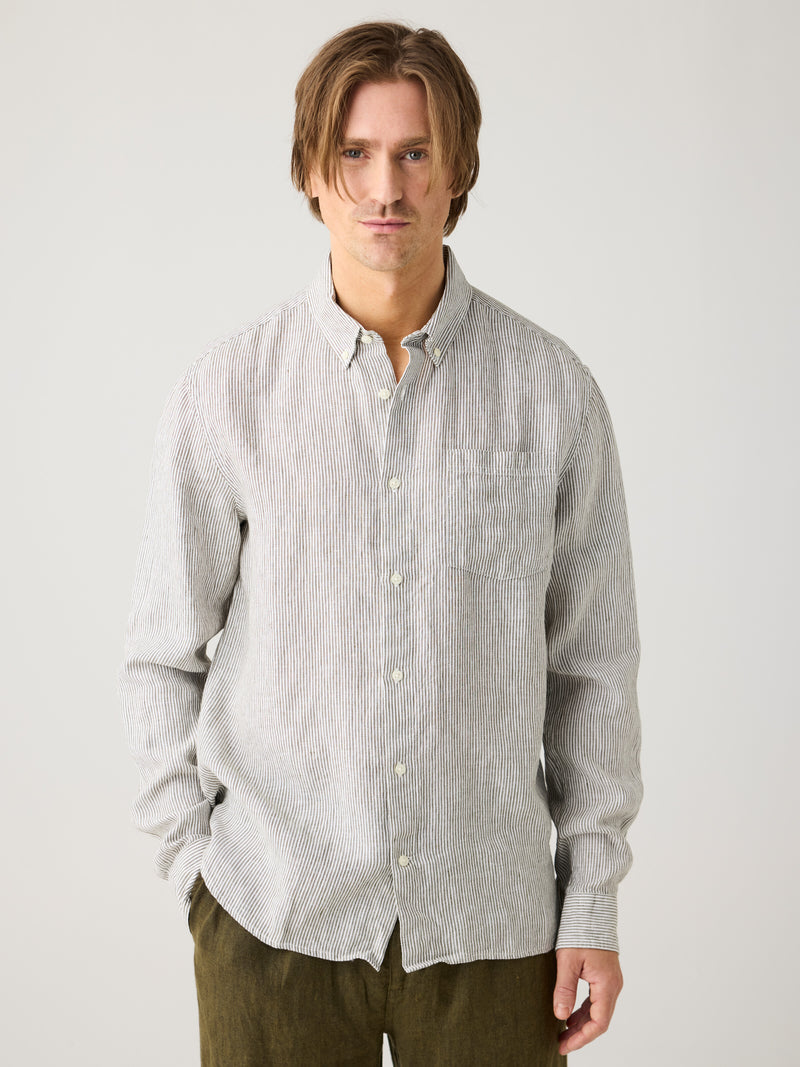 Knowledge Cotton Linen Olive Stripe LS Shirt