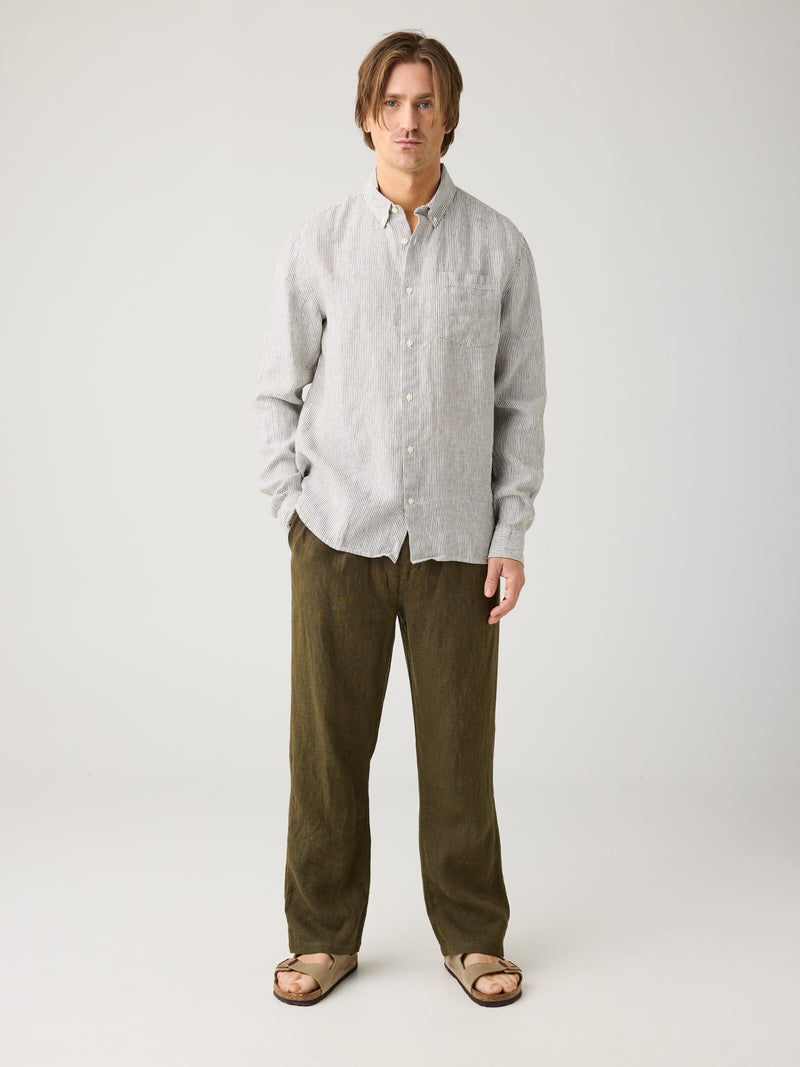 Knowledge Cotton Linen Olive Stripe LS Shirt