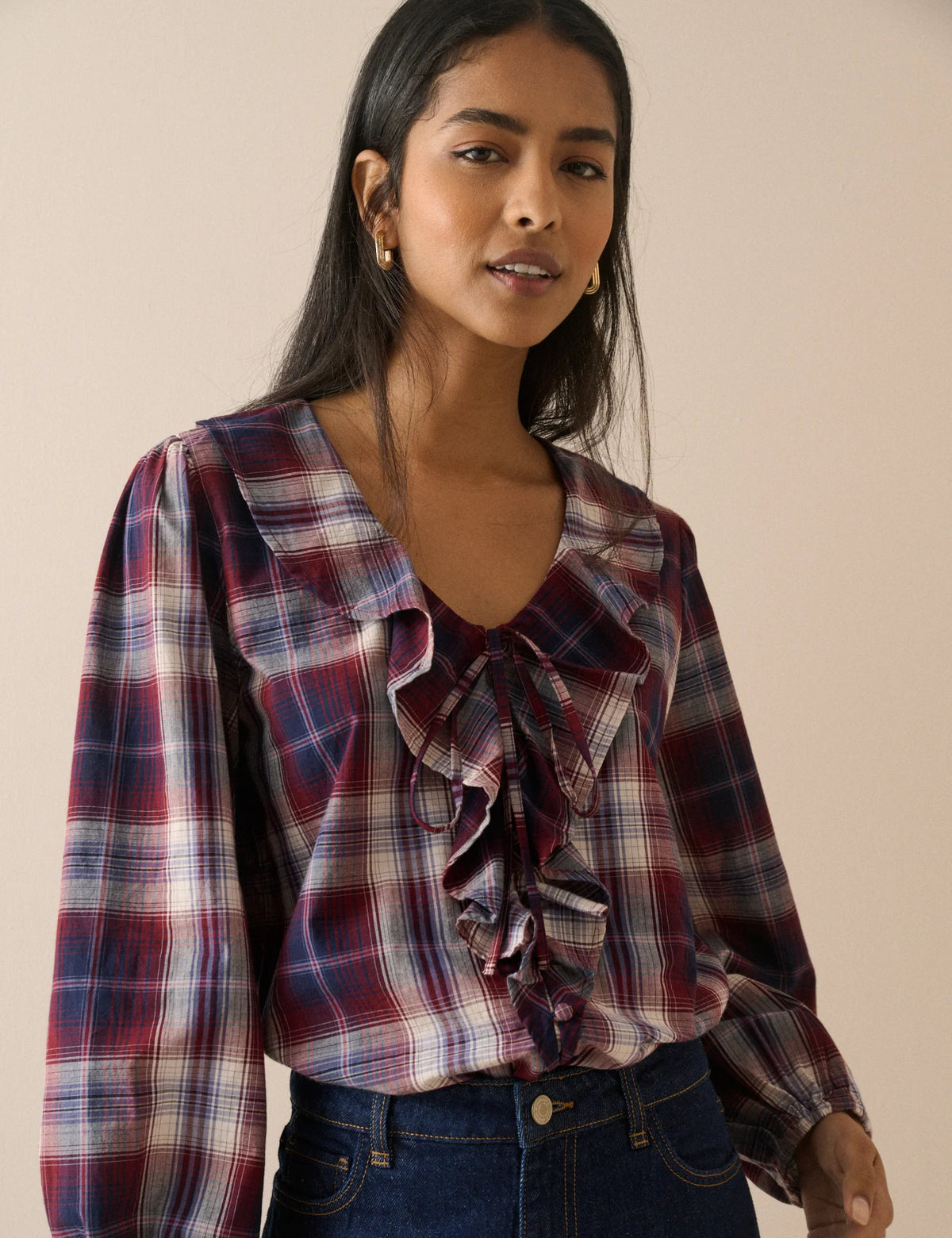 Whitney Red Check Ruffle Trim Top