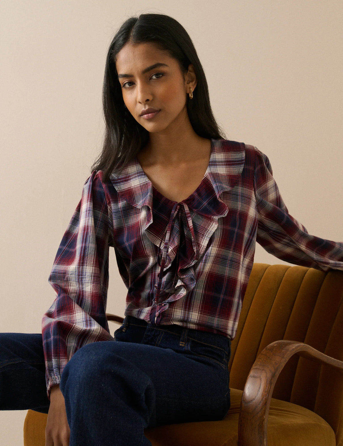 Whitney Red Check Ruffle Trim Top
