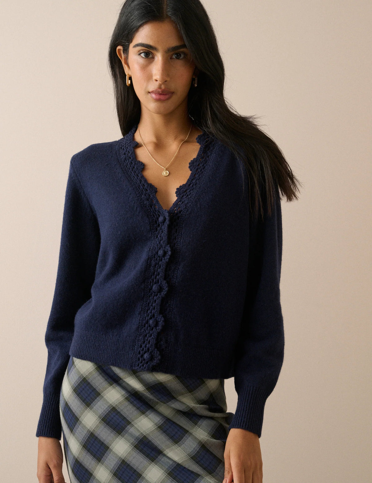 Navy Crochet Trim Wool Blend Elodie Cardigan