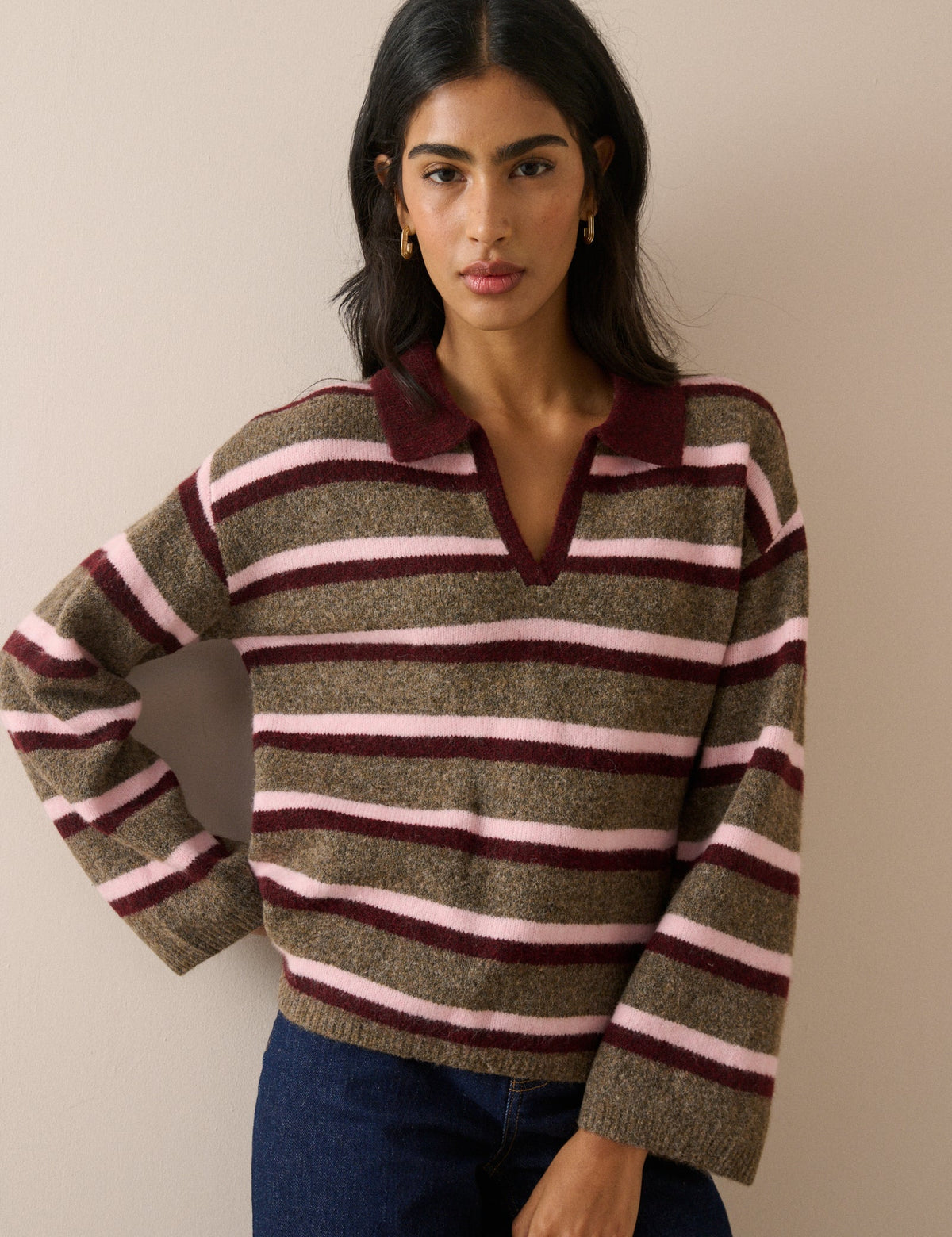 Brown Striped Open Collared Polo Jumper