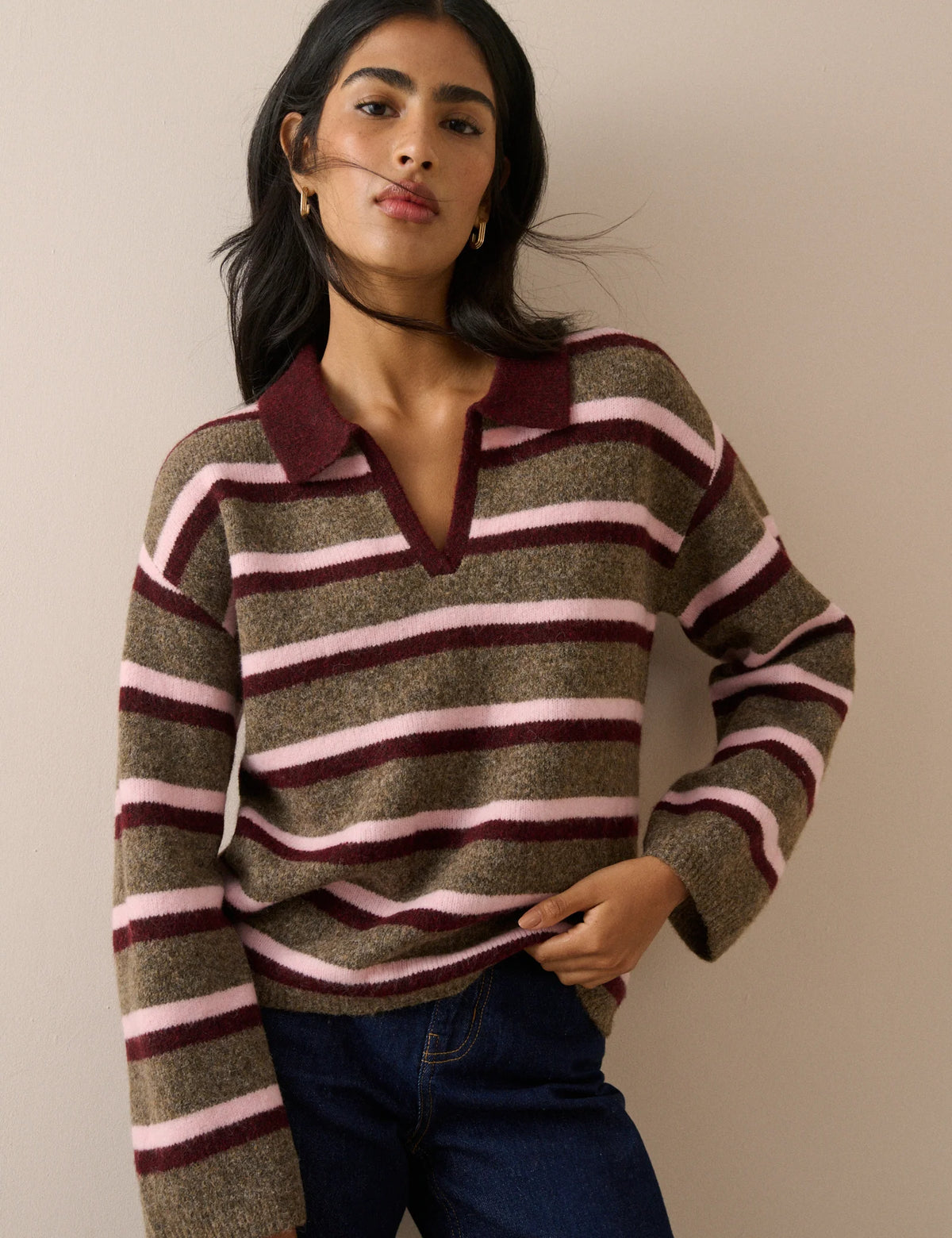 Brown Striped Open Collared Polo Jumper