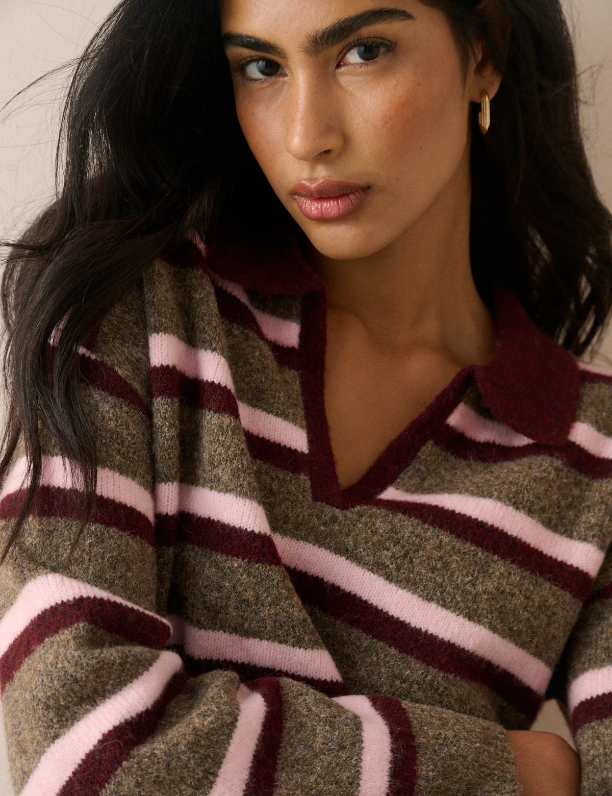 Brown Striped Open Collared Polo Jumper