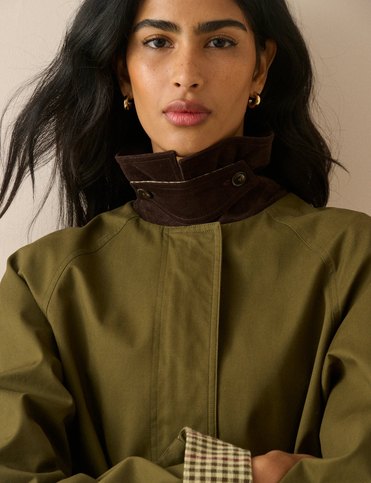 Khaki Cord Detail Long Oversized Barn Coat