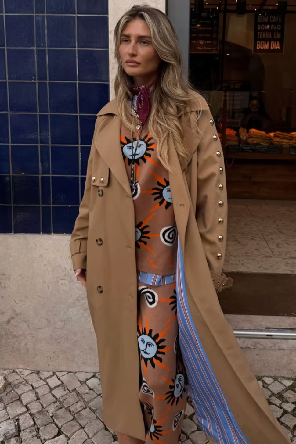 NFD Tan Trench Coat With Gold Studs