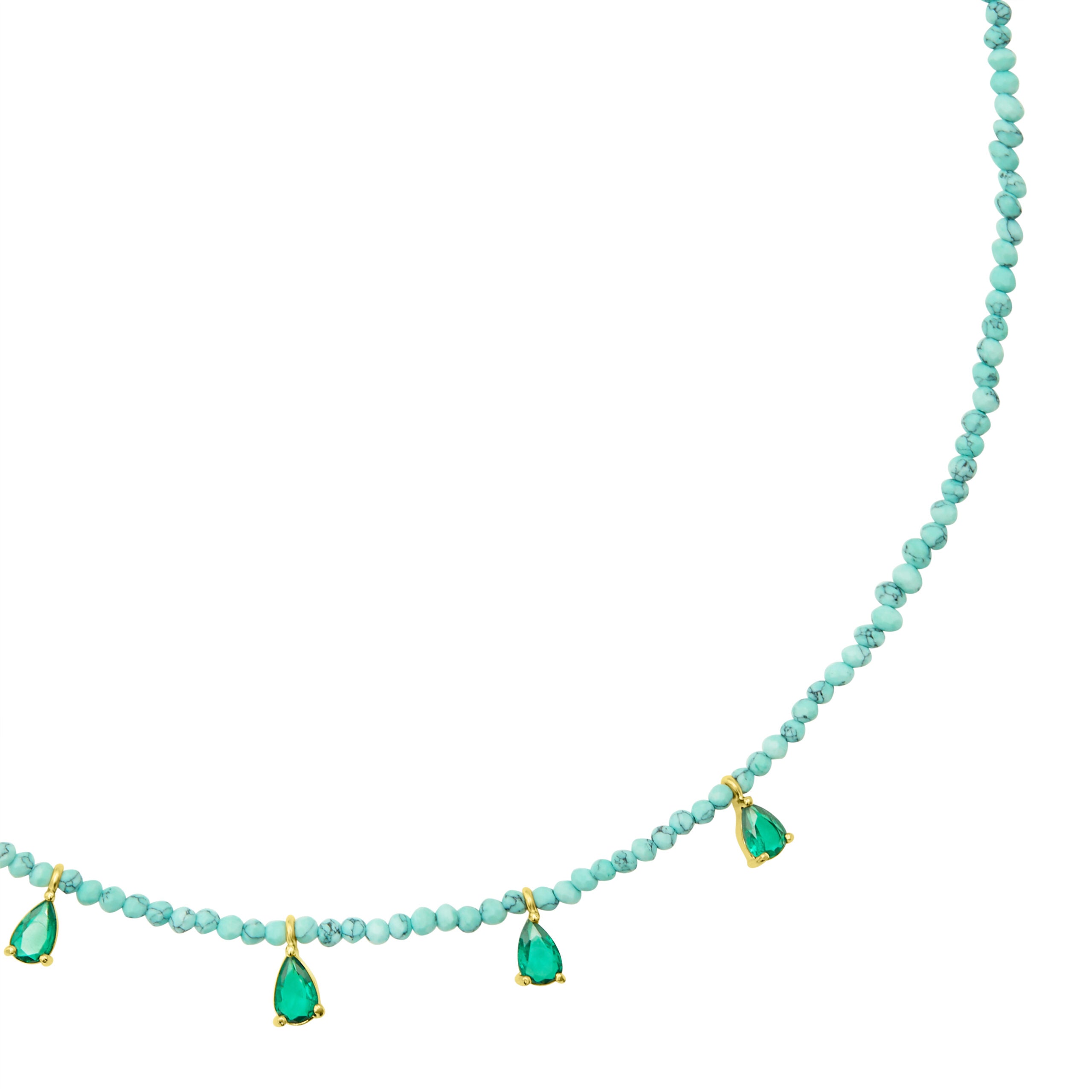 Beaded Necklace With CZ Drops- Turquoise/ Emerald