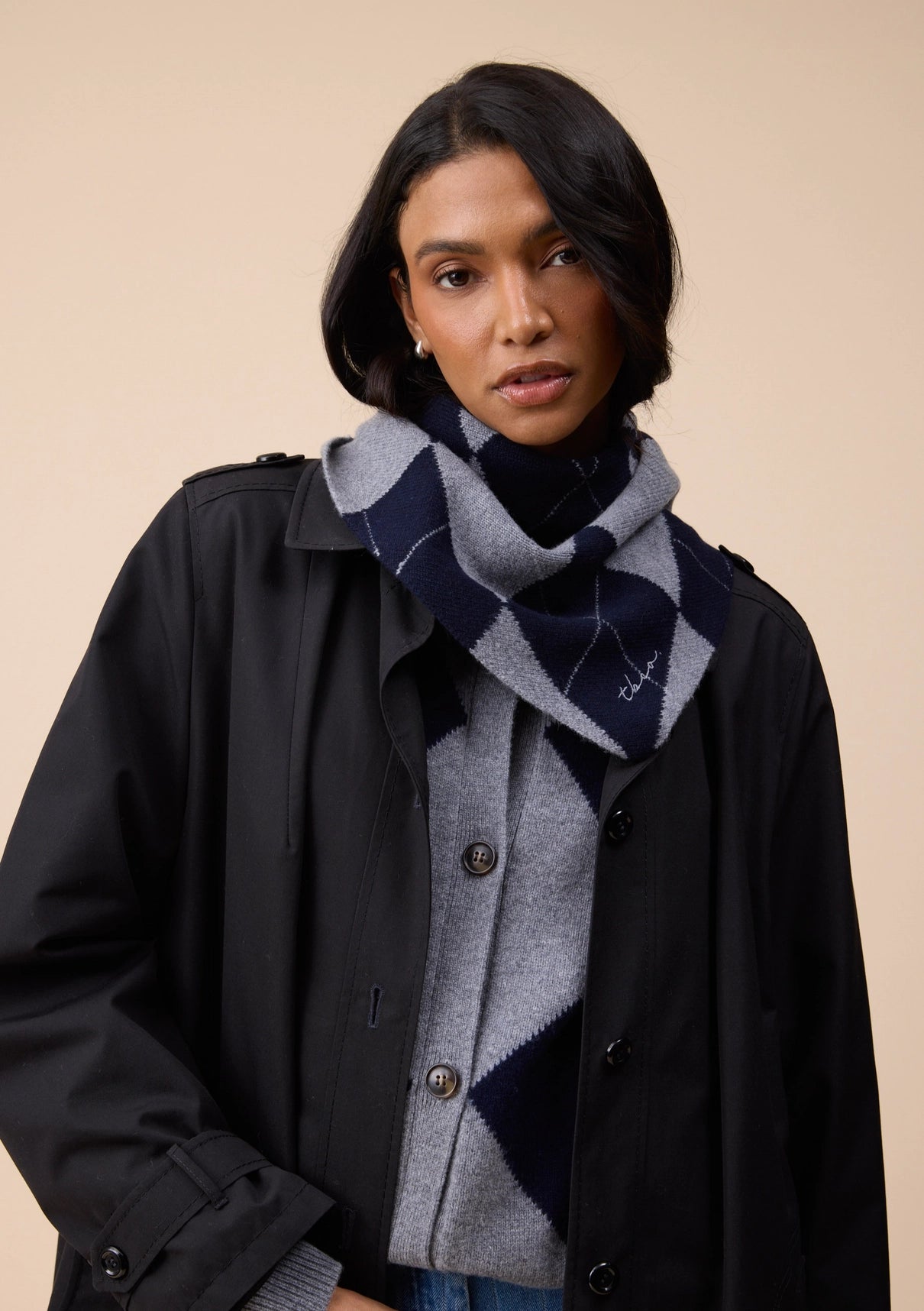 Merino Wool Triangle Scarf in Navy Argyle