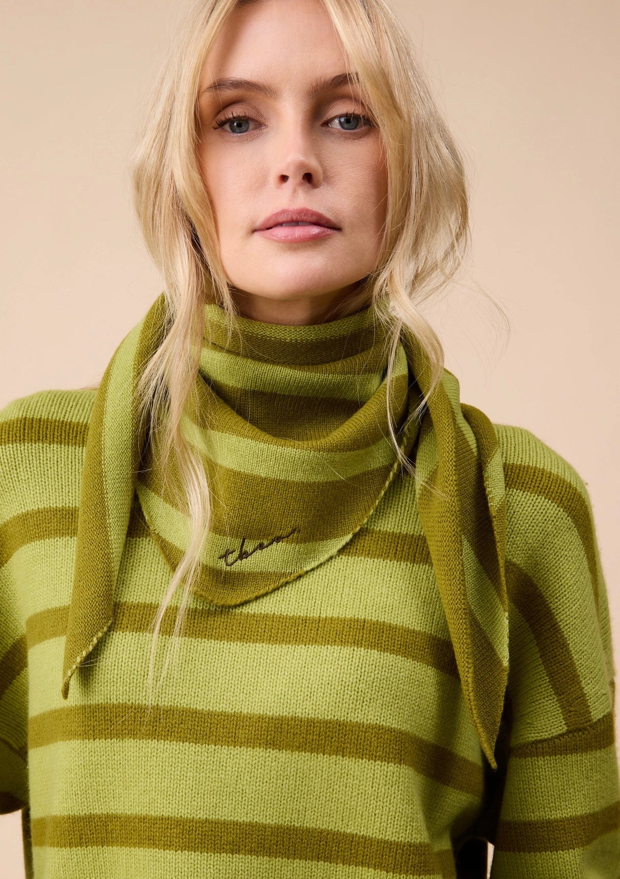 Merino Wool Triangle Scarf in Green Stripe