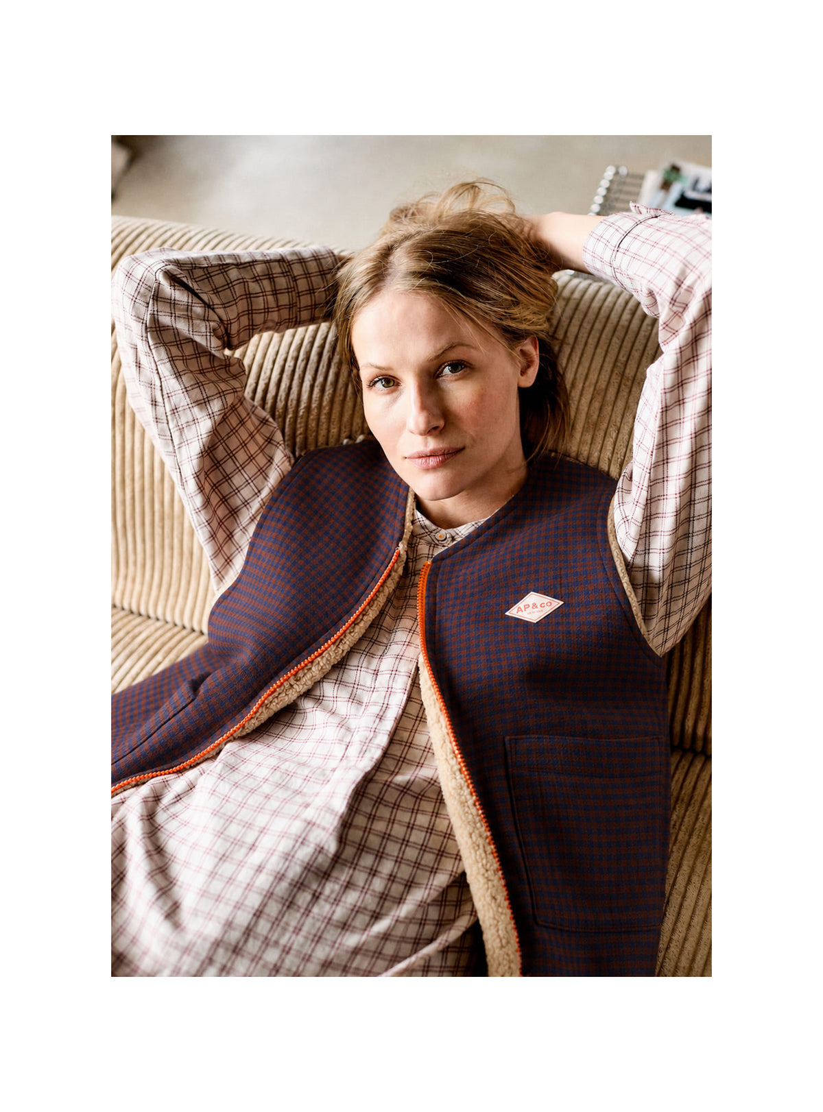 A.P Navy & Brown Reversible Gingham Gilet
