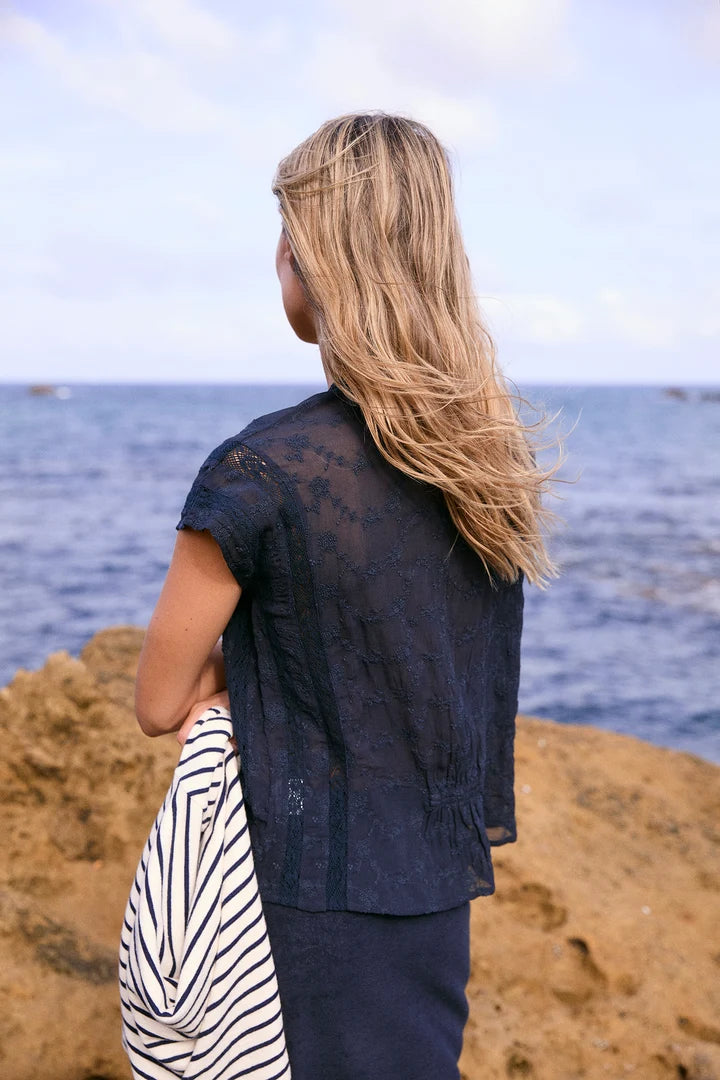 Embroidered Romantic Bordado Top - Navy
